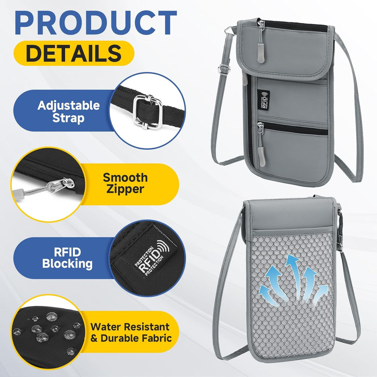 RFID Blocking Passport Holder for Travel Neck Wallet with Adjustable Lanyard 6 Compartments Pouches Passport Wallet for Family (Grey)