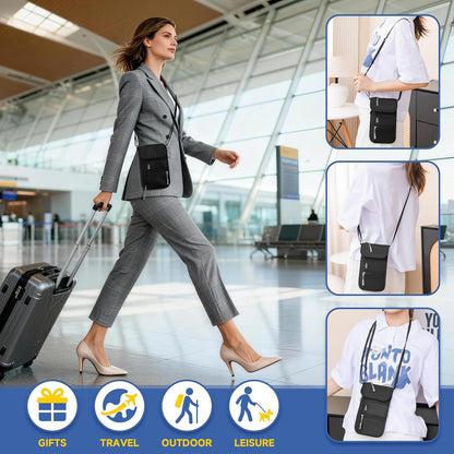 RFID Blocking Passport Holder for Travel Neck Wallet with Adjustable Lanyard 6 Compartments Pouches Passport Wallet for Family (Grey)