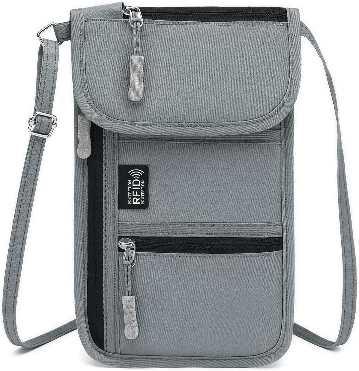 RFID Blocking Passport Holder for Travel Neck Wallet with Adjustable Lanyard 6 Compartments Pouches Passport Wallet for Family (Grey)