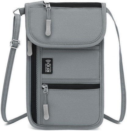RFID Blocking Passport Holder for Travel Neck Wallet with Adjustable Lanyard 6 Compartments Pouches Passport Wallet for Family (Grey)
