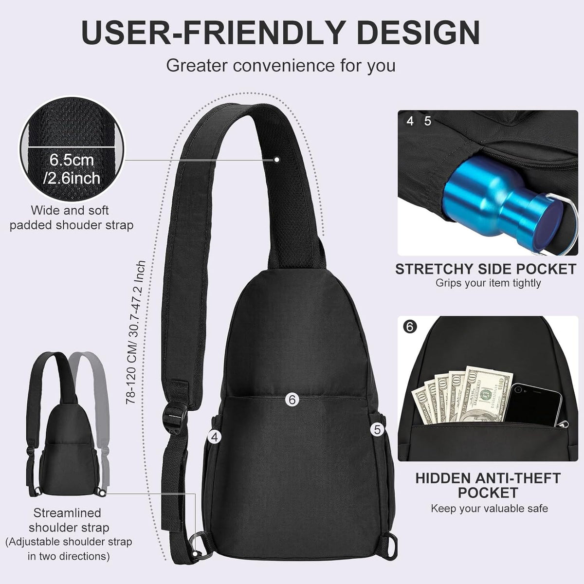 Anti-Theft Sling Backpack - Lightweight Water-Resistant Chest Daypack for Travel, Hiking & Outdoor
