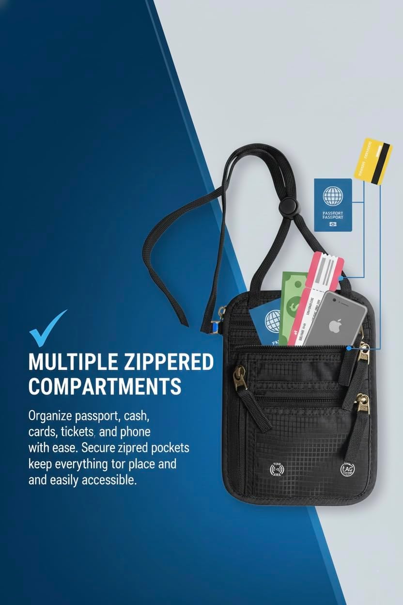 Neck Wallet with RFID Blocking – Anti-Theft Passport Holder, Slim & Lightweight Travel Neck Pouch Wallet for Men & Women