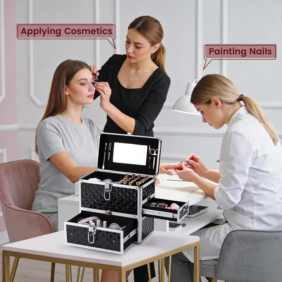 Extra Large Makeup Organizer Case Cosmetic Box Storage with Drawer Mirror Nail Manicure Accessory Organizer With Dividers Travel Nail Art Case for Makeup Artist Nail Tech Case Watery Blue