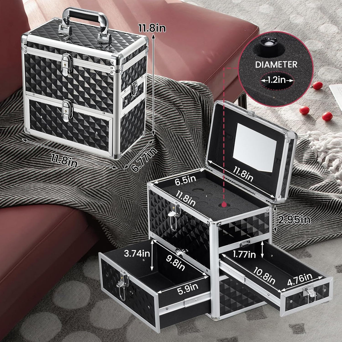 Extra Large Makeup Organizer Case Cosmetic Box Storage with Drawer Mirror Nail Manicure Accessory Organizer With Dividers Travel Nail Art Case for Makeup Artist Nail Tech Case Watery Blue