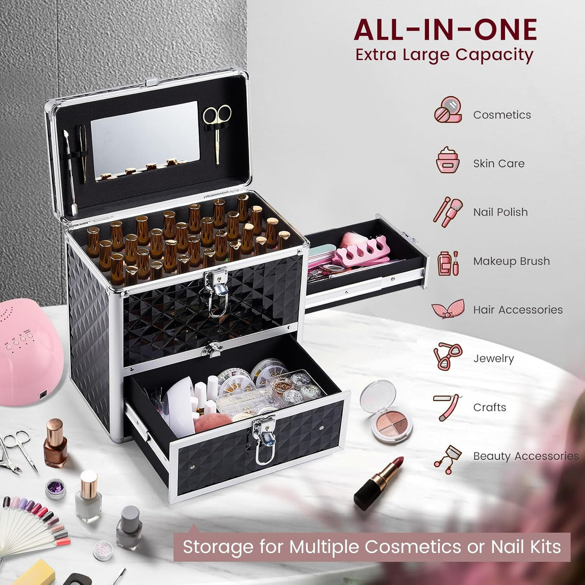 Extra Large Makeup Organizer Case Cosmetic Box Storage with Drawer Mirror Nail Manicure Accessory Organizer With Dividers Travel Nail Art Case for Makeup Artist Nail Tech Case Watery Blue