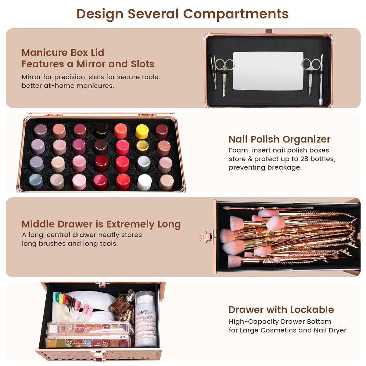 Extra Large Makeup Organizer Case Cosmetic Box Storage with Drawer Mirror Nail Manicure Accessory Organizer With Dividers Travel Nail Art Case for Makeup Artist Nail Tech Case Watery Blue