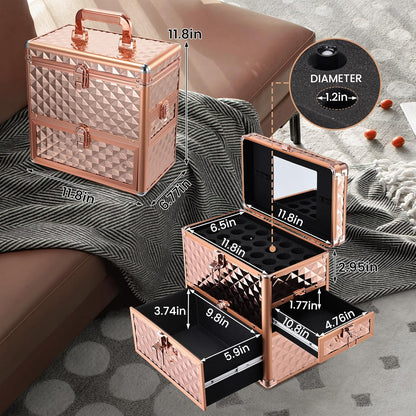Extra Large Makeup Organizer Case Cosmetic Box Storage with Drawer Mirror Nail Manicure Accessory Organizer With Dividers Travel Nail Art Case for Makeup Artist Nail Tech Case Watery Blue