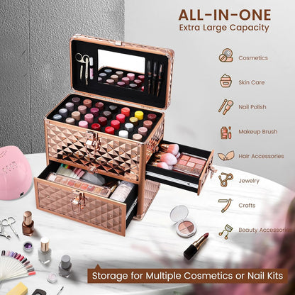 Extra Large Makeup Organizer Case Cosmetic Box Storage with Drawer Mirror Nail Manicure Accessory Organizer With Dividers Travel Nail Art Case for Makeup Artist Nail Tech Case Watery Blue