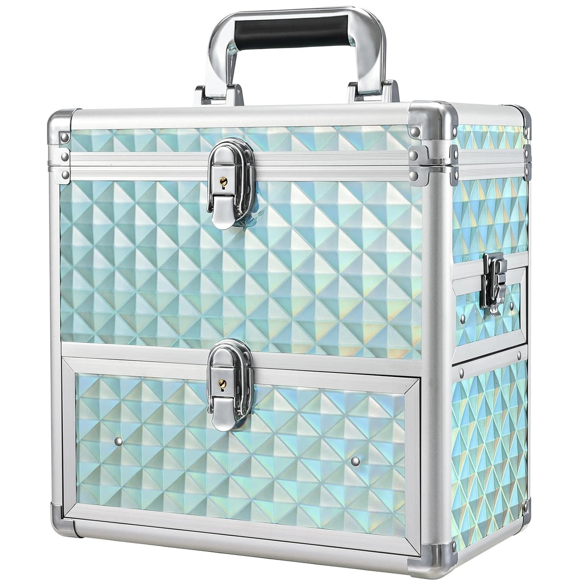 Extra Large Makeup Organizer Case Cosmetic Box Storage with Drawer Mirror Nail Manicure Accessory Organizer With Dividers Travel Nail Art Case for Makeup Artist Nail Tech Case Watery Blue