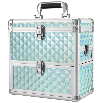 Extra Large Makeup Organizer Case Cosmetic Box Storage with Drawer Mirror Nail Manicure Accessory Organizer With Dividers Travel Nail Art Case for Makeup Artist Nail Tech Case Watery Blue