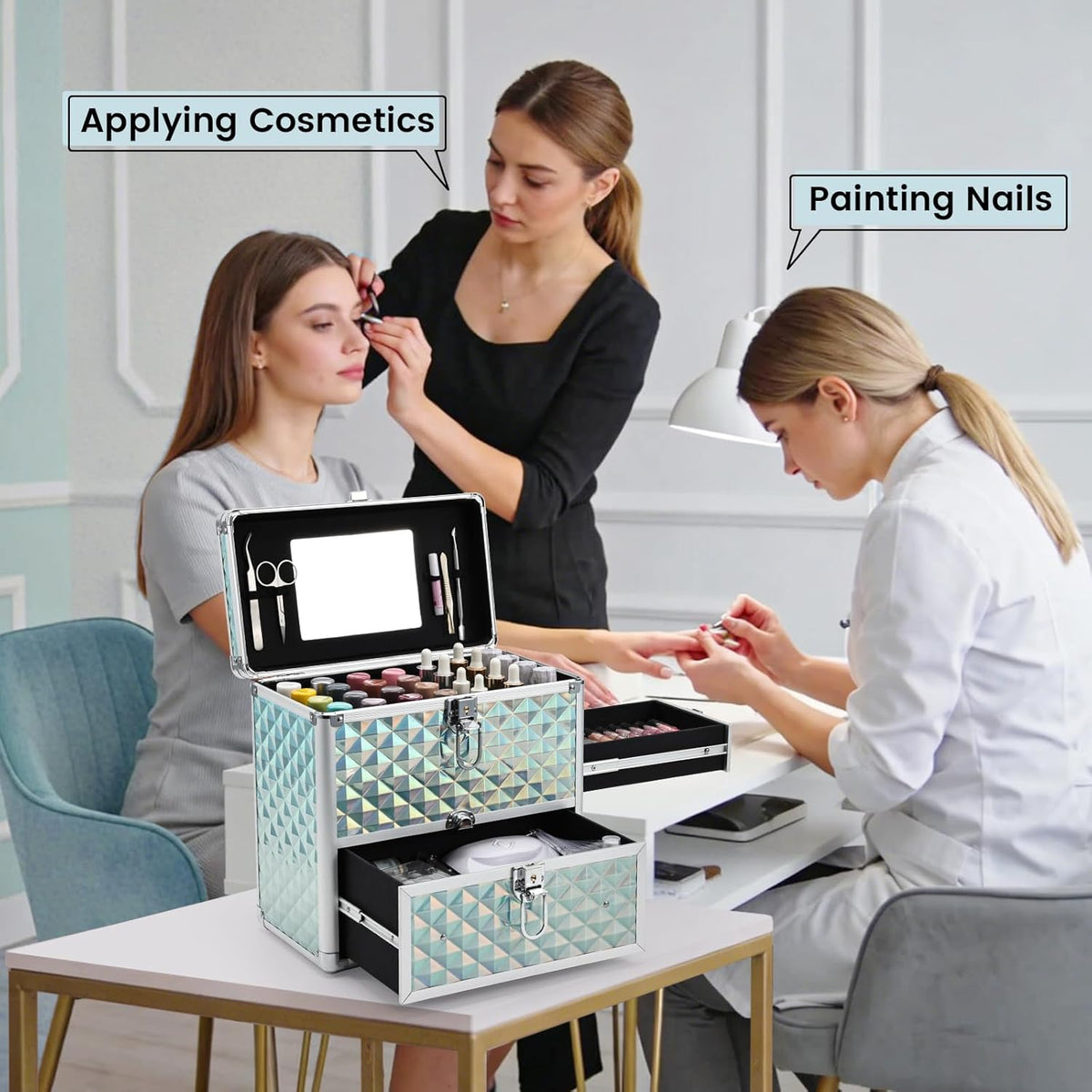 Extra Large Makeup Organizer Case Cosmetic Box Storage with Drawer Mirror Nail Manicure Accessory Organizer With Dividers Travel Nail Art Case for Makeup Artist Nail Tech Case Watery Blue