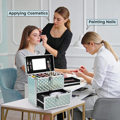 Extra Large Makeup Organizer Case Cosmetic Box Storage with Drawer Mirror Nail Manicure Accessory Organizer With Dividers Travel Nail Art Case for Makeup Artist Nail Tech Case Watery Blue