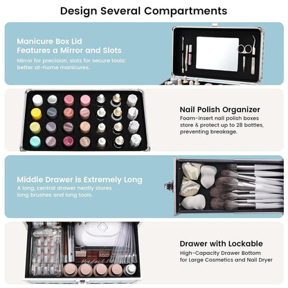 Extra Large Makeup Organizer Case Cosmetic Box Storage with Drawer Mirror Nail Manicure Accessory Organizer With Dividers Travel Nail Art Case for Makeup Artist Nail Tech Case Watery Blue