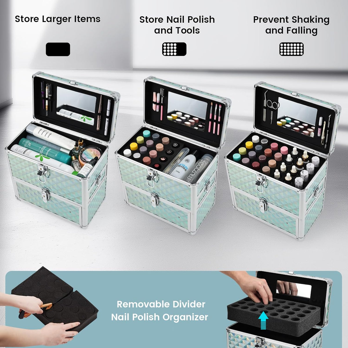 Extra Large Makeup Organizer Case Cosmetic Box Storage with Drawer Mirror Nail Manicure Accessory Organizer With Dividers Travel Nail Art Case for Makeup Artist Nail Tech Case Watery Blue
