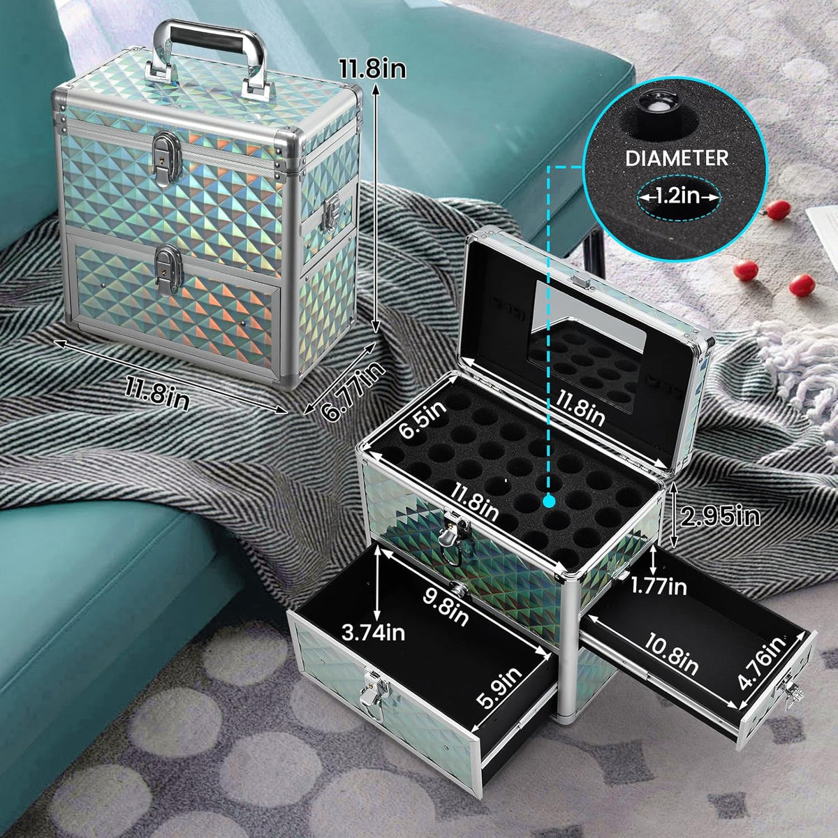 Extra Large Makeup Organizer Case Cosmetic Box Storage with Drawer Mirror Nail Manicure Accessory Organizer With Dividers Travel Nail Art Case for Makeup Artist Nail Tech Case Watery Blue