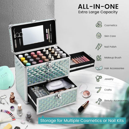 Extra Large Makeup Organizer Case Cosmetic Box Storage with Drawer Mirror Nail Manicure Accessory Organizer With Dividers Travel Nail Art Case for Makeup Artist Nail Tech Case Watery Blue