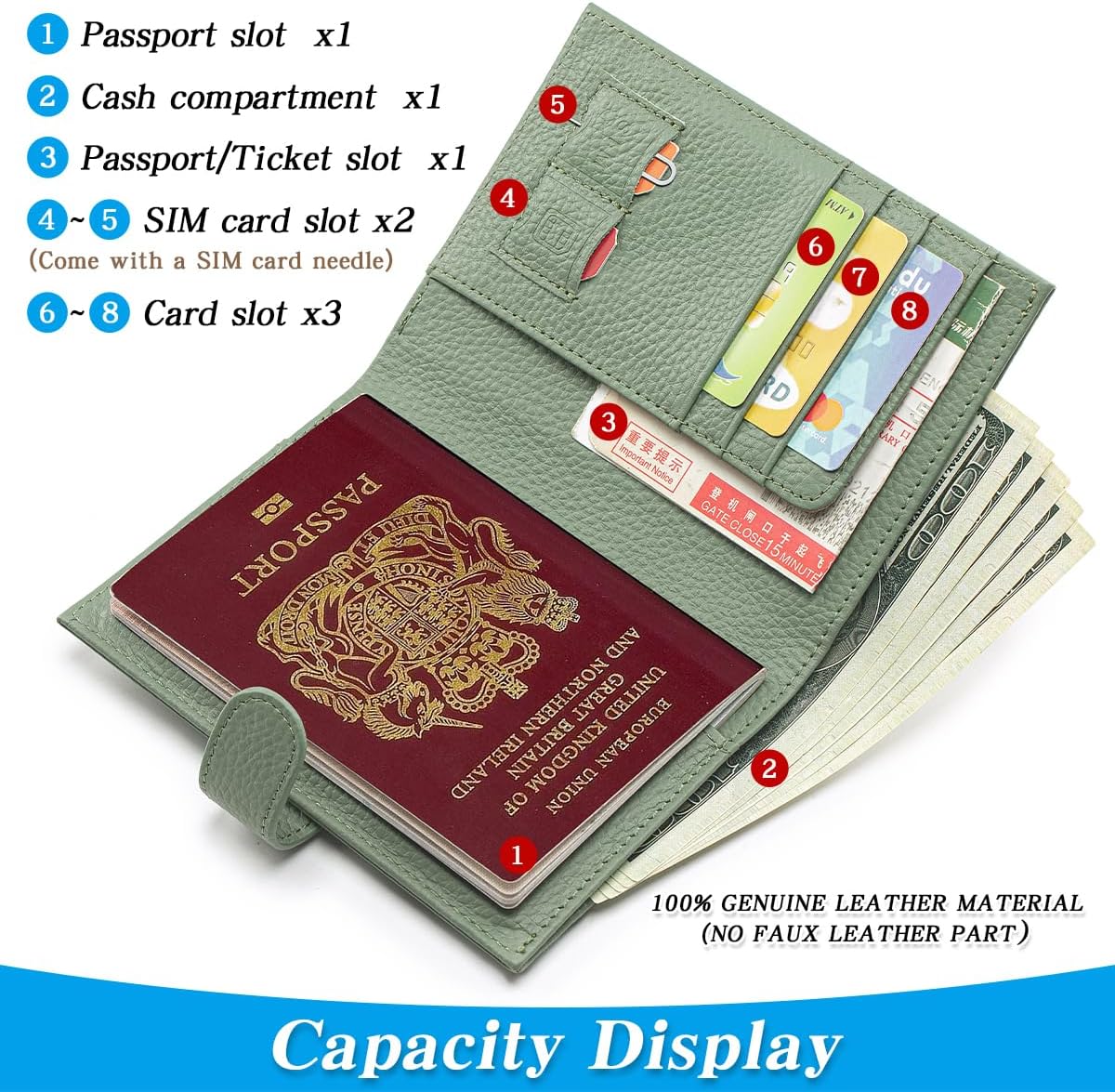 Passport Holder for Travel Women RFID Blocking Genuine Leather Passport Wallet with Card Slots, Zipper Coins Pocket, Cash Holder, Green