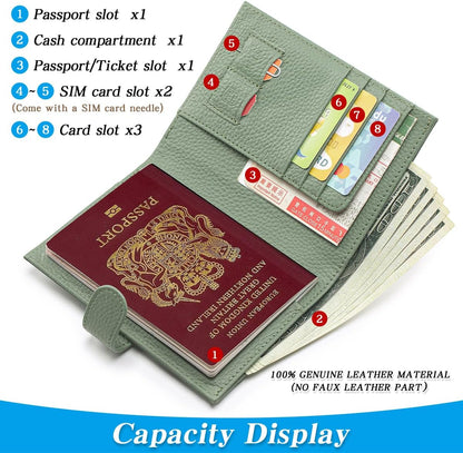 Passport Holder for Travel Women RFID Blocking Genuine Leather Passport Wallet with Card Slots, Zipper Coins Pocket, Cash Holder, Green