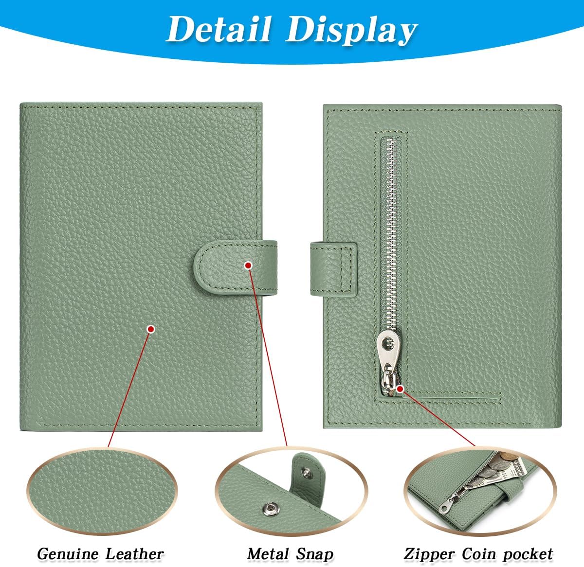 Passport Holder for Travel Women RFID Blocking Genuine Leather Passport Wallet with Card Slots, Zipper Coins Pocket, Cash Holder, Green
