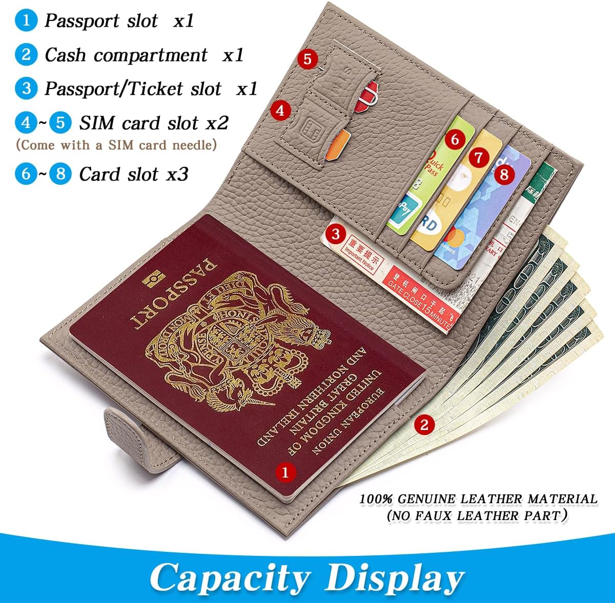 Passport Holder for Travel Women RFID Blocking Genuine Leather Passport Wallet with Card Slots, Zipper Coins Pocket, Cash Holder, Green