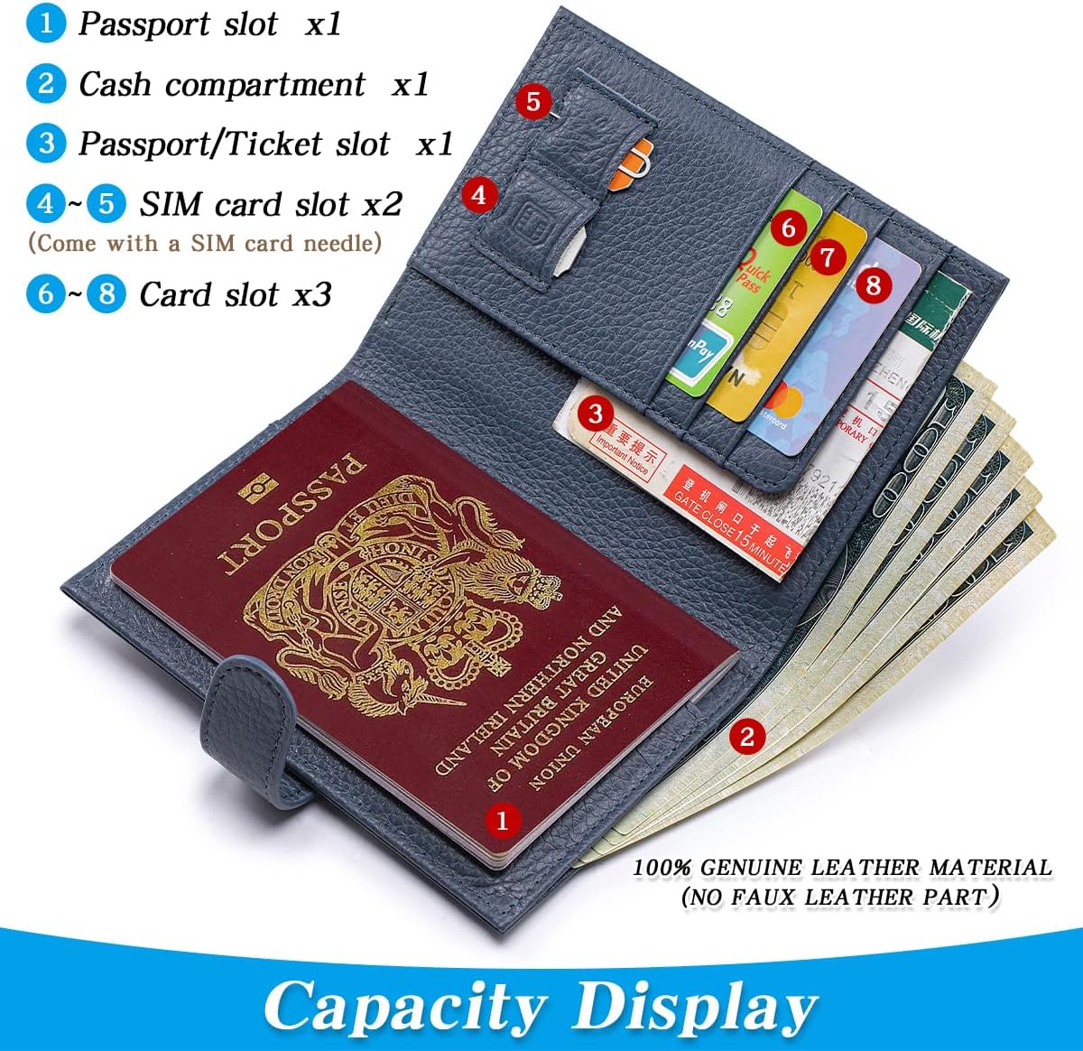 Passport Holder for Travel Women RFID Blocking Genuine Leather Passport Wallet with Card Slots, Zipper Coins Pocket, Cash Holder, Green
