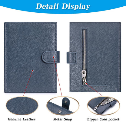 Passport Holder for Travel Women RFID Blocking Genuine Leather Passport Wallet with Card Slots, Zipper Coins Pocket, Cash Holder, Green