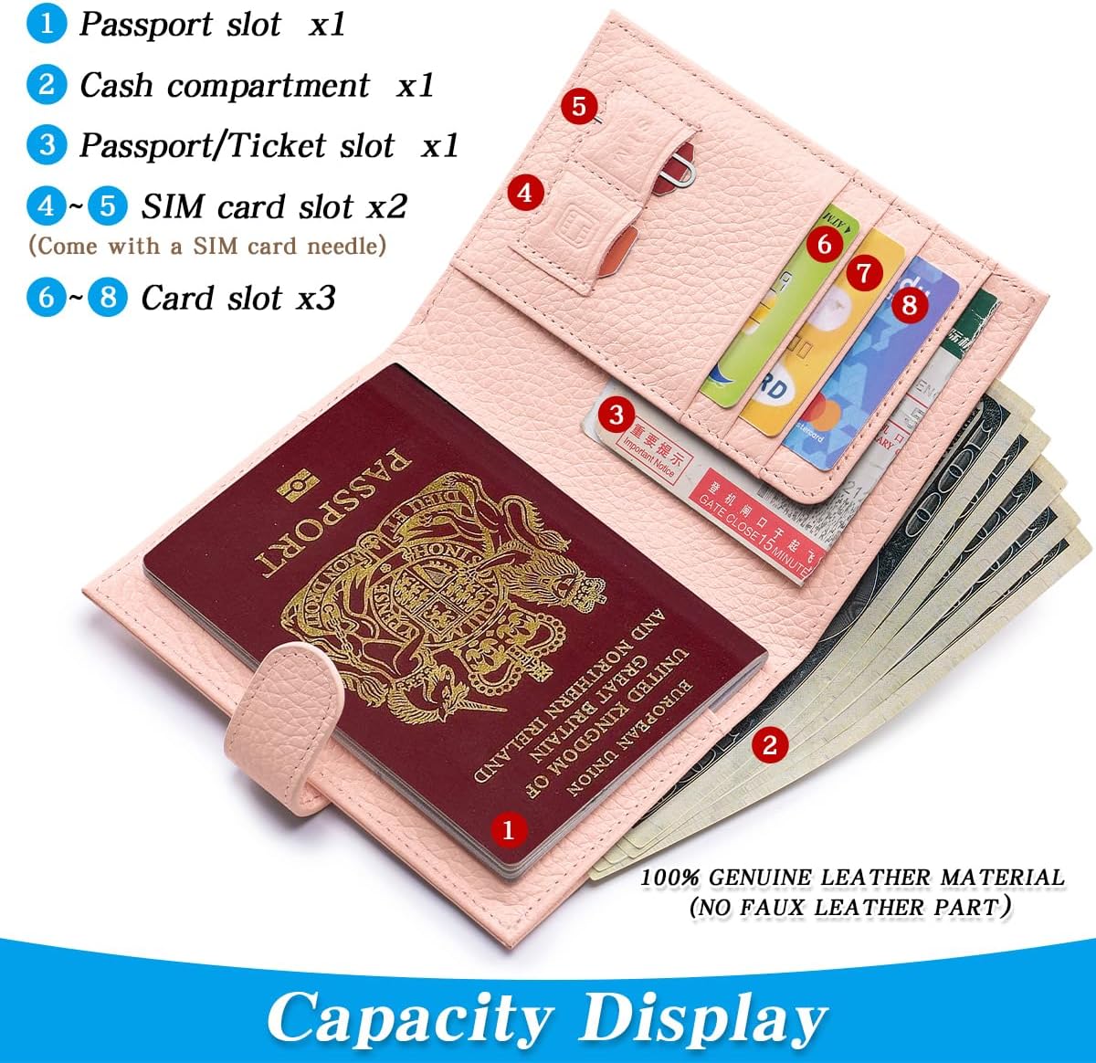 Passport Holder for Travel Women RFID Blocking Genuine Leather Passport Wallet with Card Slots, Zipper Coins Pocket, Cash Holder, Green