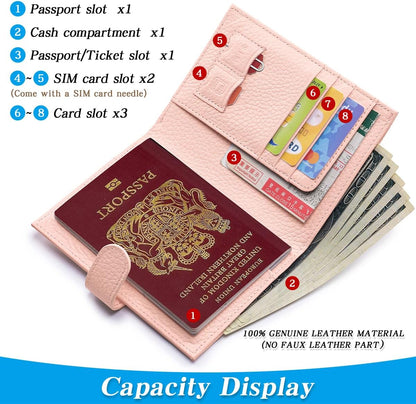 Passport Holder for Travel Women RFID Blocking Genuine Leather Passport Wallet with Card Slots, Zipper Coins Pocket, Cash Holder, Green