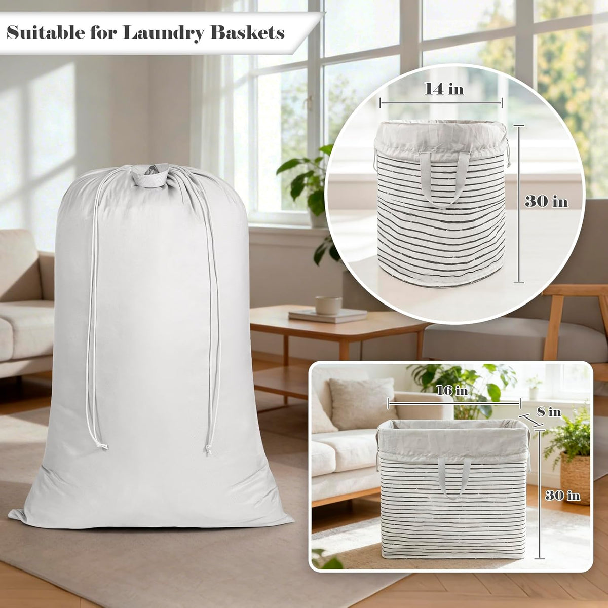 Drawstring Laundry Bag 24"x36" with Handles for travel | Reinforced stitching holds 40lbs, machine washable, lightweight foldable for camping, hamper liner, laundry room