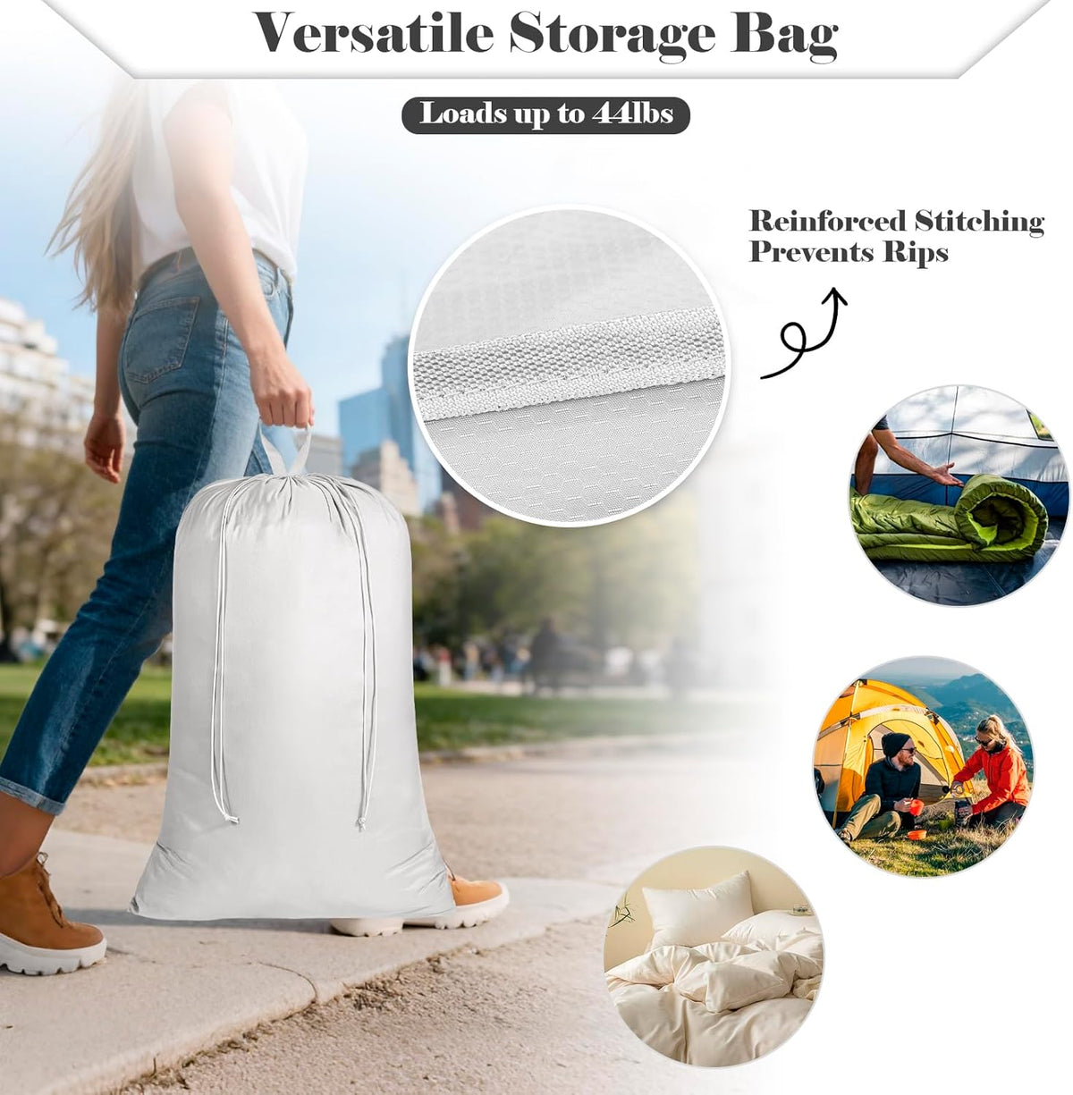 Drawstring Laundry Bag 24"x36" with Handles for travel | Reinforced stitching holds 40lbs, machine washable, lightweight foldable for camping, hamper liner, laundry room
