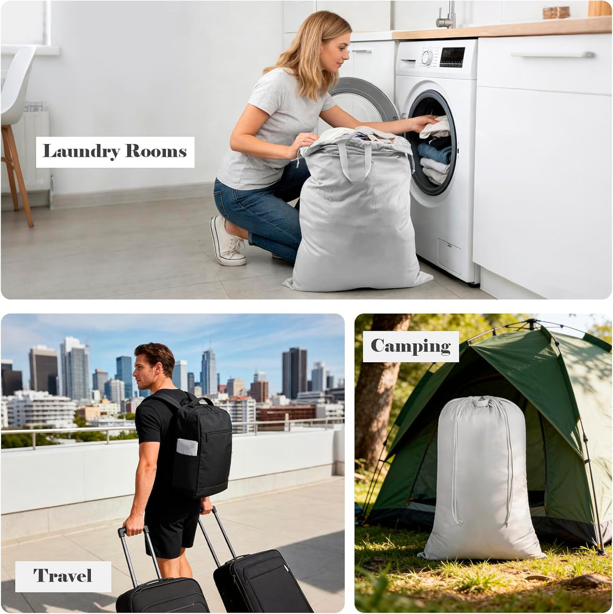 Drawstring Laundry Bag 24"x36" with Handles for travel | Reinforced stitching holds 40lbs, machine washable, lightweight foldable for camping, hamper liner, laundry room