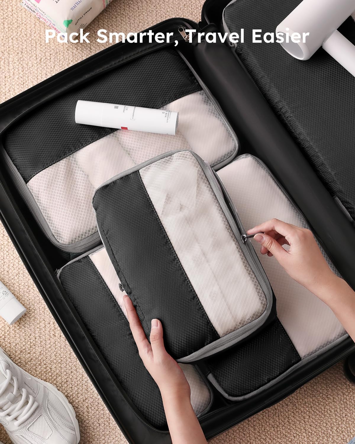 Compression Packing Cubes for Travel, Lightweight and Space-Saving Luggage Organizer Bags, Sturdy Travel Essentials for Suitcase, Black