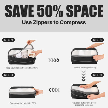 Compression Packing Cubes for Travel, Lightweight and Space-Saving Luggage Organizer Bags, Sturdy Travel Essentials for Suitcase, Black