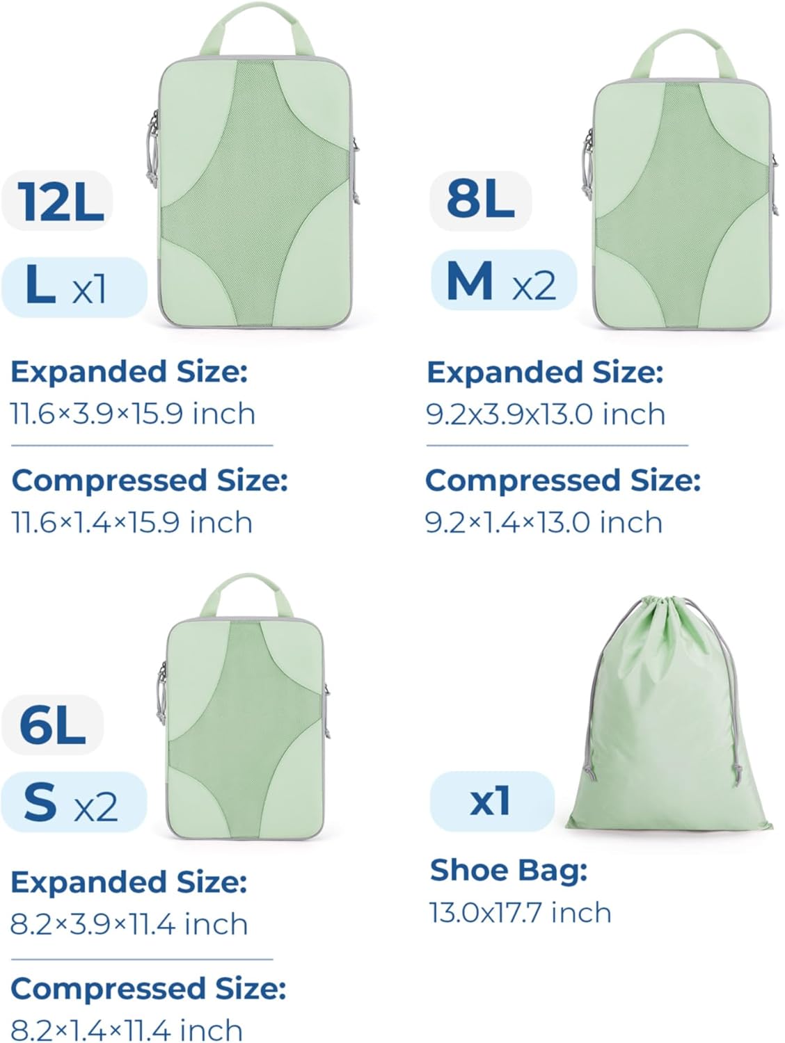 Compression Packing Cubes (Light Green, 6 Set) | Lightweight, Compressible Suitcase Organizer Set fit Standard Carry-On & Checked Luggage, 6 Set, 14 Set Washable Packing Bags