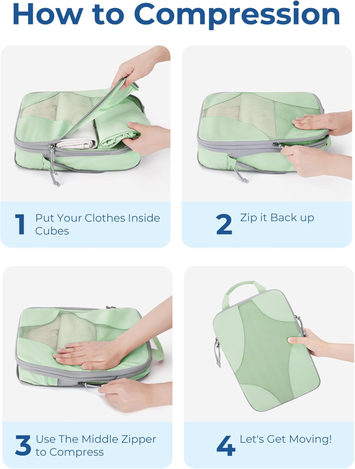 Compression Packing Cubes (Light Green, 6 Set) | Lightweight, Compressible Suitcase Organizer Set fit Standard Carry-On & Checked Luggage, 6 Set, 14 Set Washable Packing Bags
