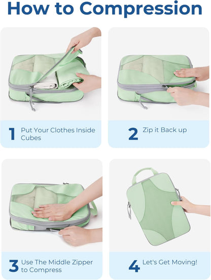 Compression Packing Cubes (Light Green, 6 Set) | Lightweight, Compressible Suitcase Organizer Set fit Standard Carry-On & Checked Luggage, 6 Set, 14 Set Washable Packing Bags