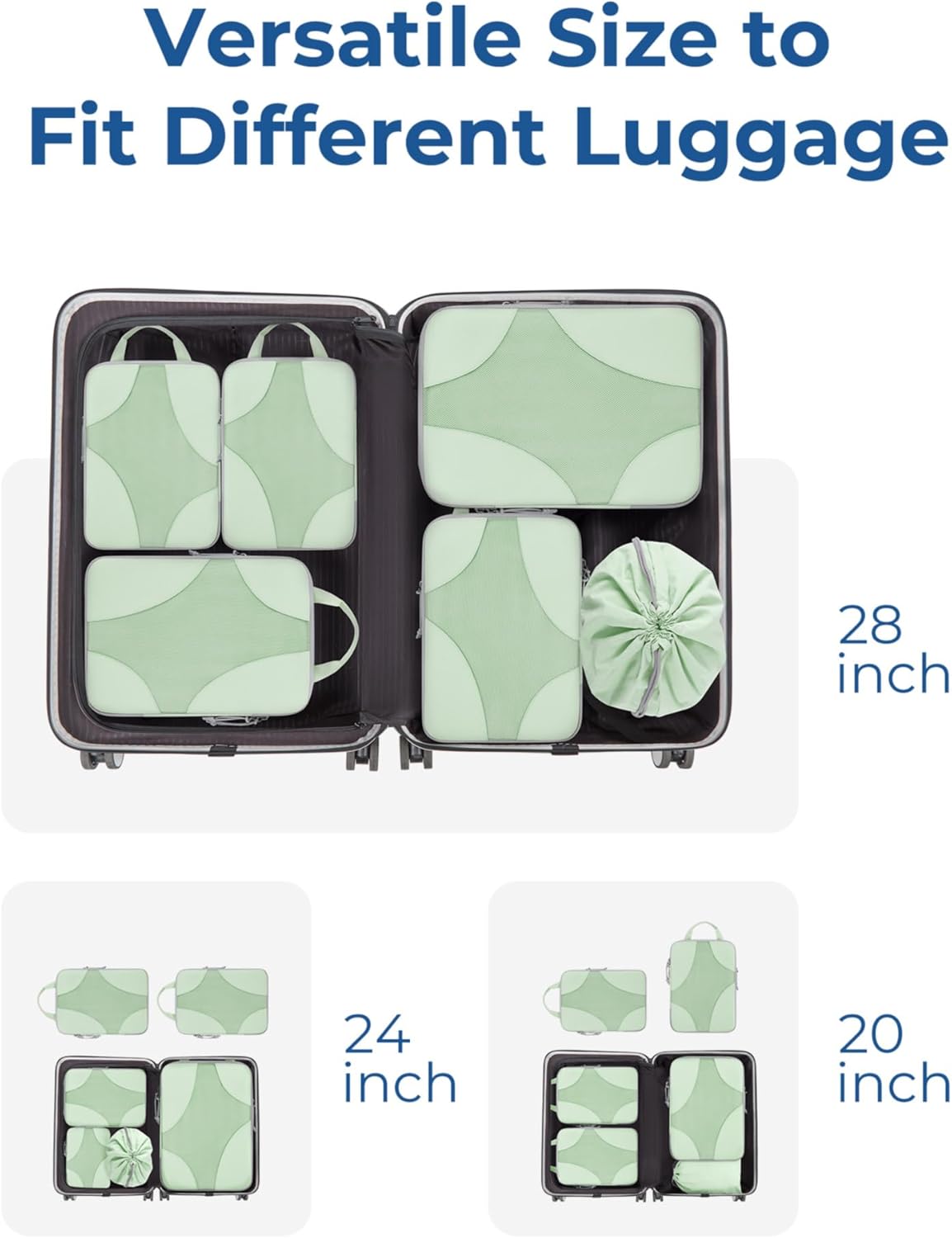 Compression Packing Cubes (Light Green, 6 Set) | Lightweight, Compressible Suitcase Organizer Set fit Standard Carry-On & Checked Luggage, 6 Set, 14 Set Washable Packing Bags