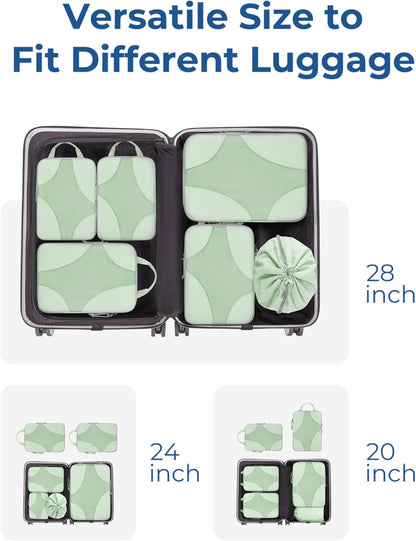 Compression Packing Cubes (Light Green, 6 Set) | Lightweight, Compressible Suitcase Organizer Set fit Standard Carry-On & Checked Luggage, 6 Set, 14 Set Washable Packing Bags