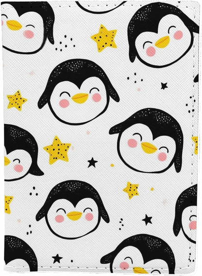Penguins Passport Holder for Travel Childish Animal and Stars PU Leather Passport Cover Wallet Cute Passport Card Holder for Women and Men