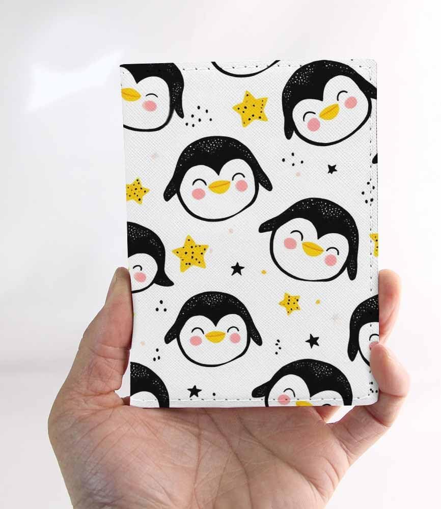 Penguins Passport Holder for Travel Childish Animal and Stars PU Leather Passport Cover Wallet Cute Passport Card Holder for Women and Men