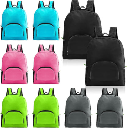 Bulk 10 Pack 17 Inch Foldable Backpacks for Travel, 5 Colors | Waterproof nylon, multi-layer laptop compartment, wide shoulder straps, multi solid colors unisex for school commute business