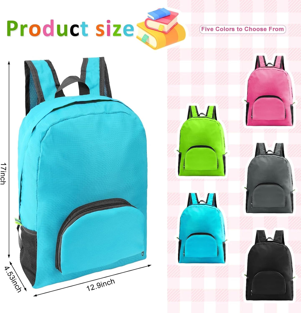 Bulk 10 Pack 17 Inch Foldable Backpacks for Travel, 5 Colors | Waterproof nylon, multi-layer laptop compartment, wide shoulder straps, multi solid colors unisex for school commute business