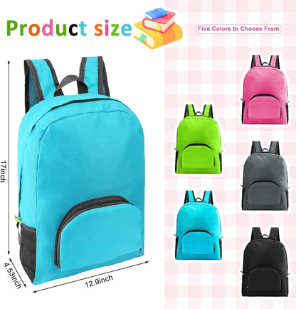 Bulk 10 Pack 17 Inch Foldable Backpacks for Travel, 5 Colors | Waterproof nylon, multi-layer laptop compartment, wide shoulder straps, multi solid colors unisex for school commute business