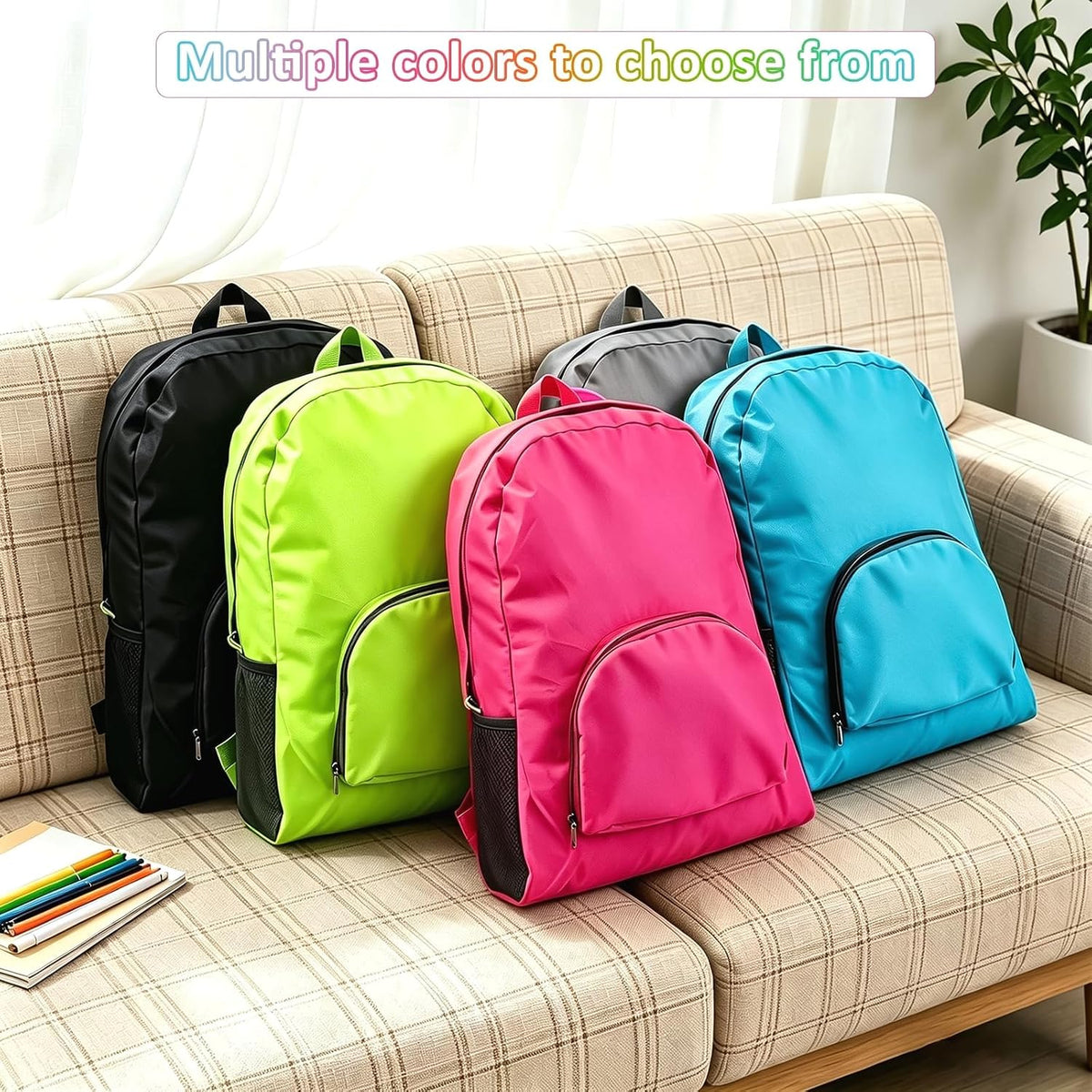 Bulk 10 Pack 17 Inch Foldable Backpacks for Travel, 5 Colors | Waterproof nylon, multi-layer laptop compartment, wide shoulder straps, multi solid colors unisex for school commute business