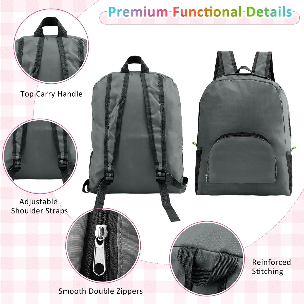 Bulk 10 Pack 17 Inch Foldable Backpacks for Travel, 5 Colors | Waterproof nylon, multi-layer laptop compartment, wide shoulder straps, multi solid colors unisex for school commute business