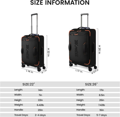 22" Luggage, Softside Suitcase w/Double Spinner Wheels, Waterproof,Lightweight Rolling Suitcases for Men/Women（Green,22in）