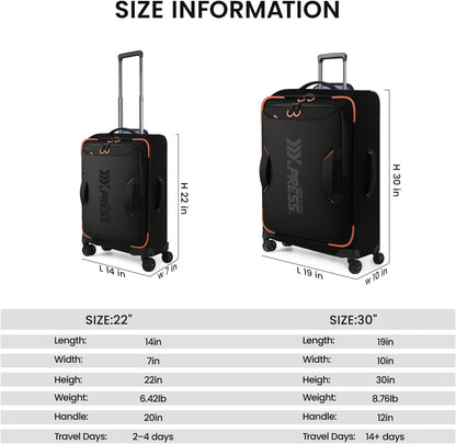 22" Luggage, Softside Suitcase w/Double Spinner Wheels, Waterproof,Lightweight Rolling Suitcases for Men/Women（Green,22in）