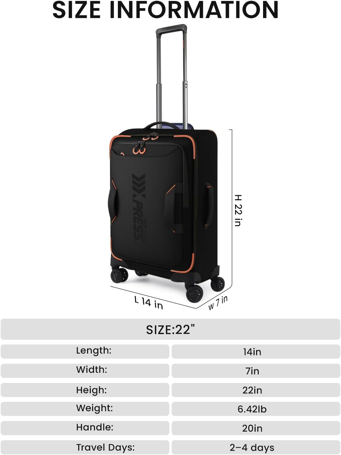22" Luggage, Softside Suitcase w/Double Spinner Wheels, Waterproof,Lightweight Rolling Suitcases for Men/Women（Green,22in）
