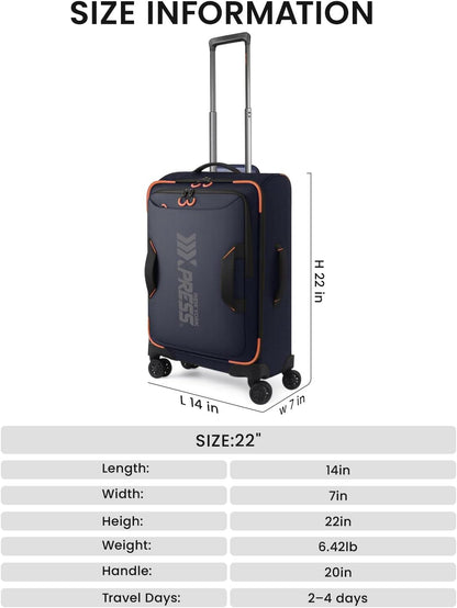 22" Luggage, Softside Suitcase w/Double Spinner Wheels, Waterproof,Lightweight Rolling Suitcases for Men/Women（Green,22in）