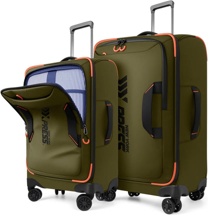 22" Luggage, Softside Suitcase w/Double Spinner Wheels, Waterproof,Lightweight Rolling Suitcases for Men/Women（Green,22in）